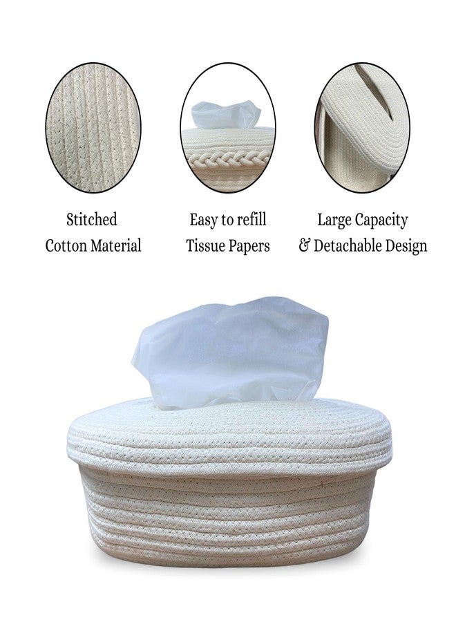 BOBBINY حامل مناديل من القطن والجوت من بوبيني، علبة مناديل مصنوعة يدوياً تتسع لـ 100 منديل، حامل مناديل طبيعي للمكتب وغرفة المعيشة وغرفة النوم والسيارة والطاولة وطاولة الطعام وديكور المنزل (لون أبيض كريمي، تصميم 1) - Image 2